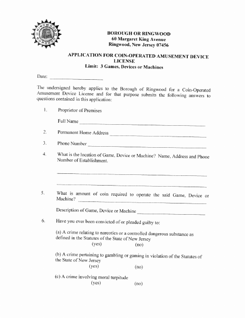 First page of the Application For Coin-Operated Amusement Device License