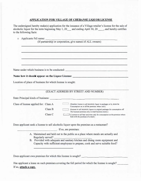 First page of the Liquor License Application