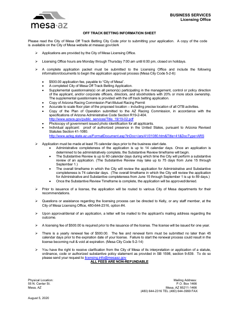 First page of the Off Track Betting License Application