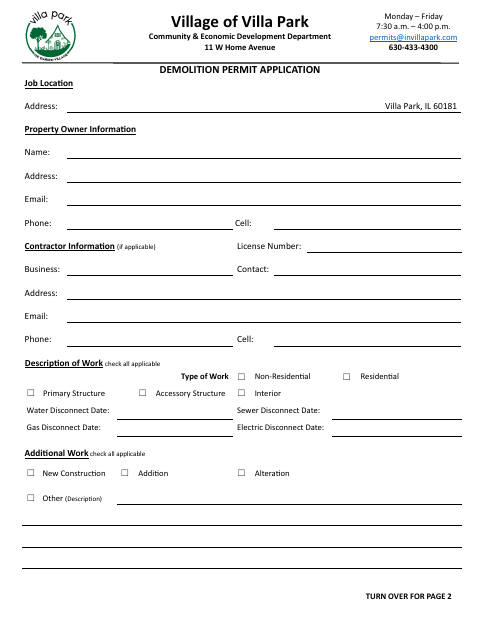 First page of the Demolition Permit Application