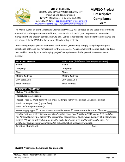 First page of the MWELO Project Prescriptive Compliance Form
