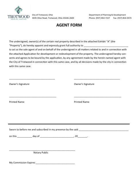 First page of the Development Agent Form