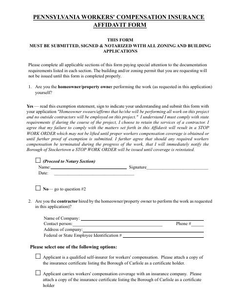 First page of the Workers' Compensation Insurance Affidavit
