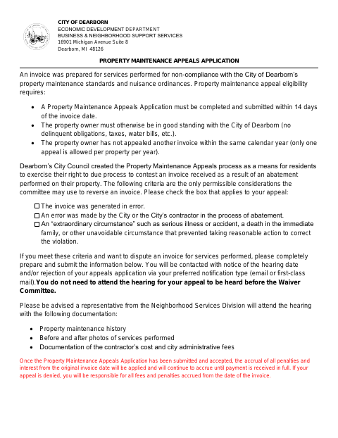 First page of the Property Maintenance Appeals Application