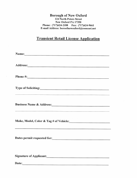 First page of the Transient Retail License Application