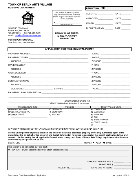 First page of the Tree Removal Permit Application