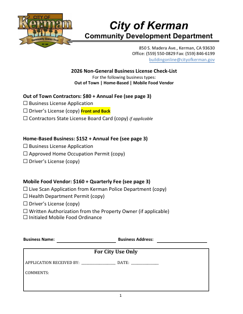 First page of the Business License Application
