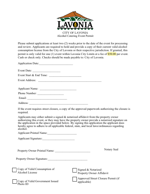 First page of the Alcohol Catering Event Permit Application