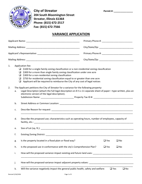 First page of the Variance Application