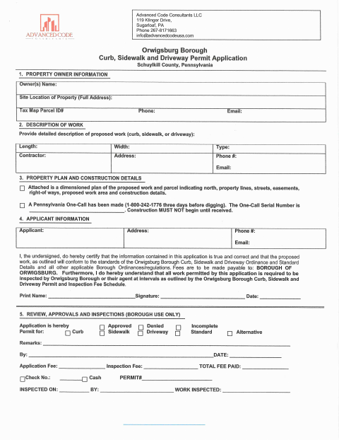 First page of the Curb, Sidewalk and Driveway Permit Application