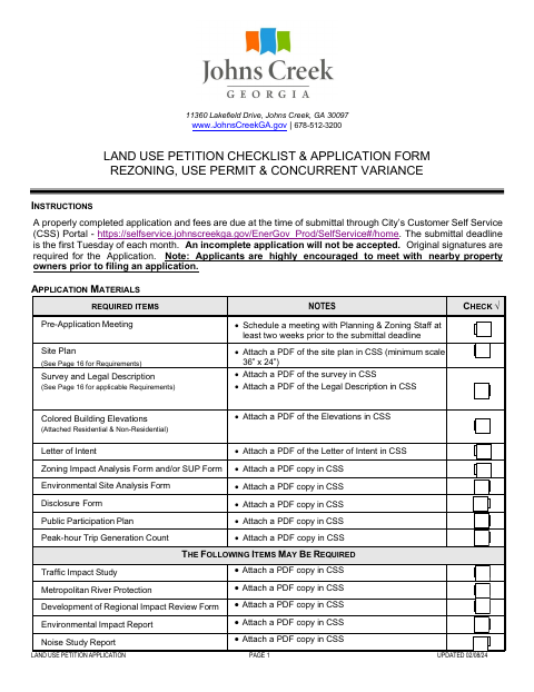 First page of the Land Use Petition Application