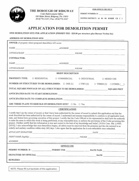 First page of the Application for Demolition Permit (Borough and County)