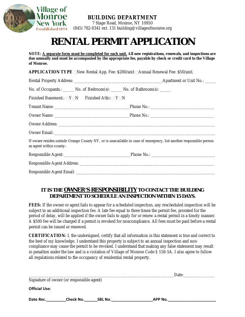 First page of the Rental Permit Application