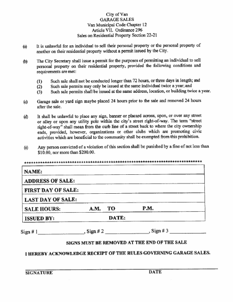 First page of the Garage Sale Permit