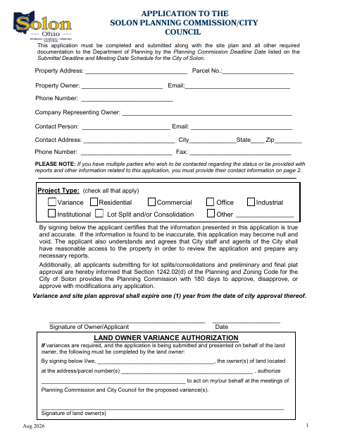 First page of the Application to the Planning Commission / City Council