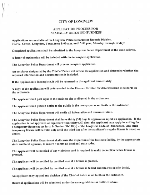 First page of the Sexually Oriented Business Application