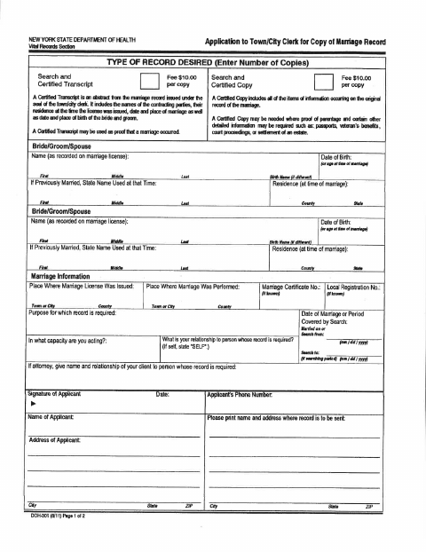 First page of the State Marriage Record Request