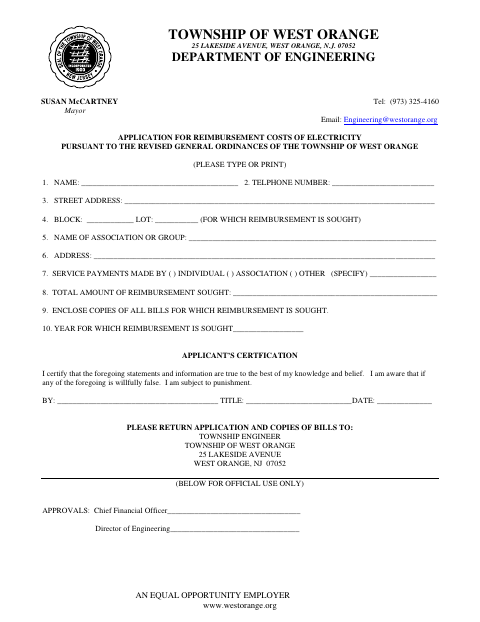 First page of the Application for Reimbursement Costs of Electricity