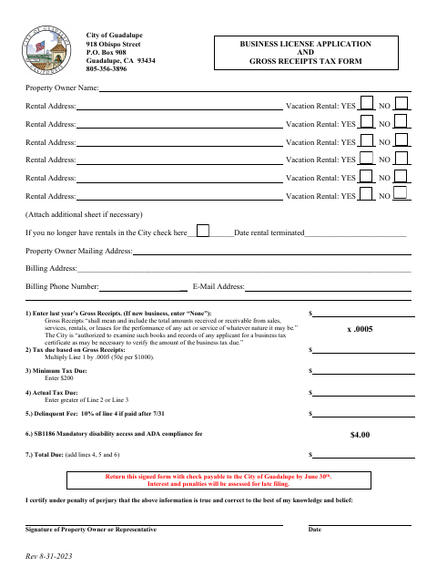 First page of the Business License Application and Gross Receipts Tax Form