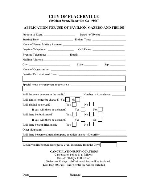 First page of the Application for Use of Pavilion, Gazebo and Fields