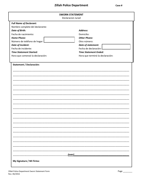 First page of the Police Sworn Statement Form