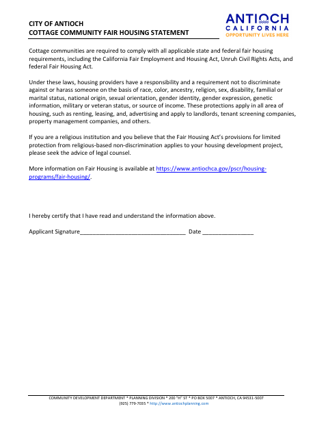 First page of the Cottage Community Fair Housing Statement