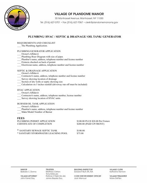 First page of the Plumbing, Heating, Drainage, Sewage Disposal, HVAC & Generator Permit Application