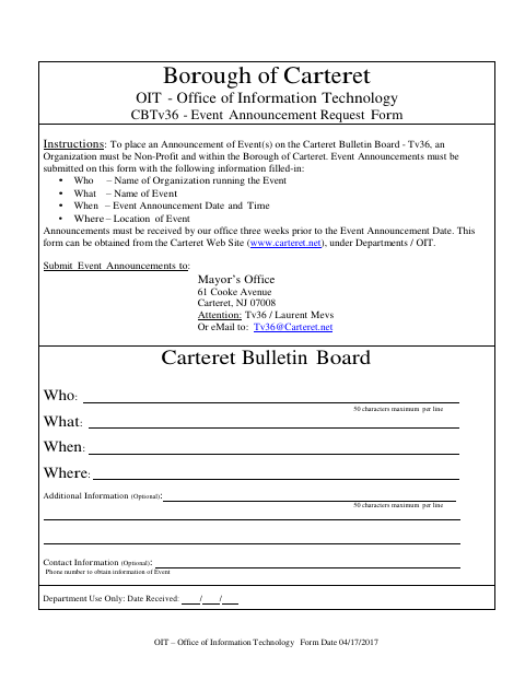 First page of the TV36 Event Announcement Request Form