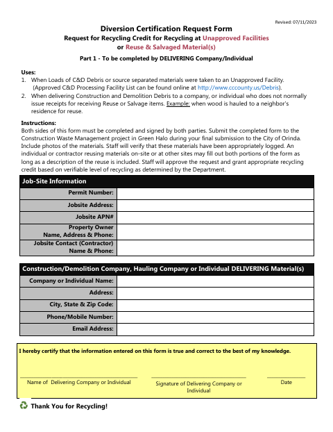 First page of the Diversion Certification Request Form