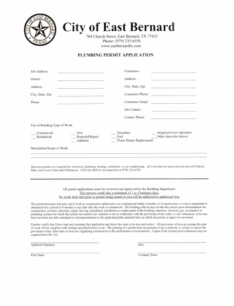 First page of the Plumbing Permit Application
