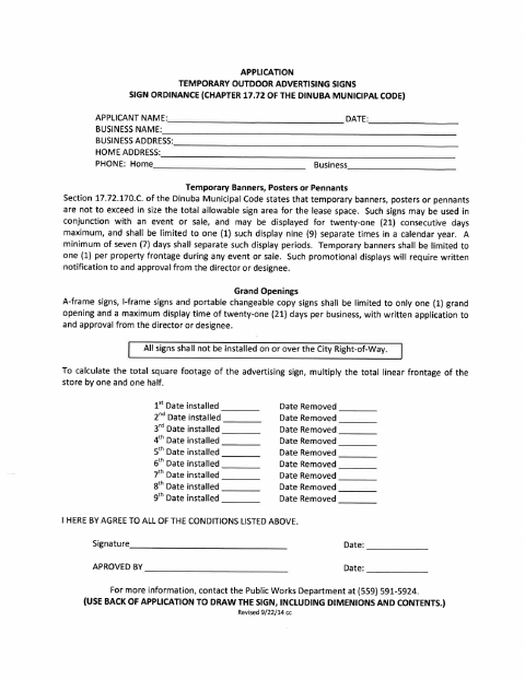 First page of the Temporary Outdoor Advertising Sign Permit