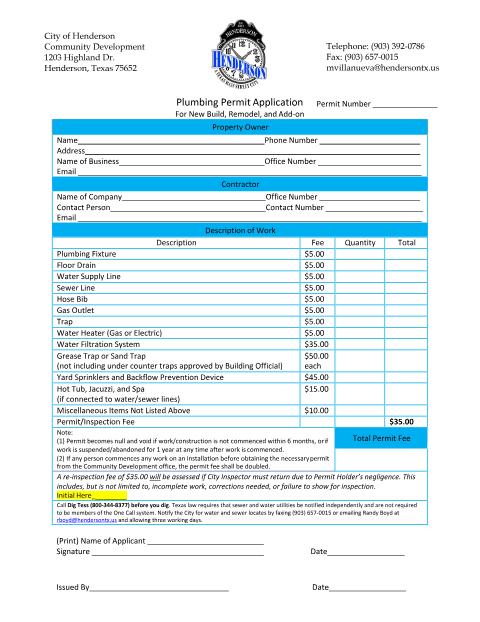 First page of the Plumbing Permit Application