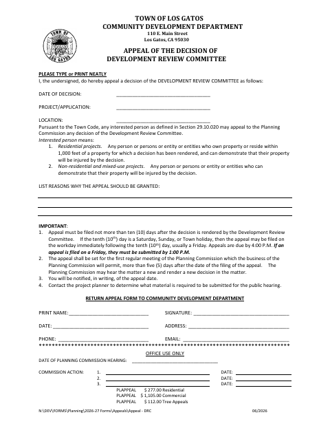 First page of the Appeal of the Decision of Development Review Committee