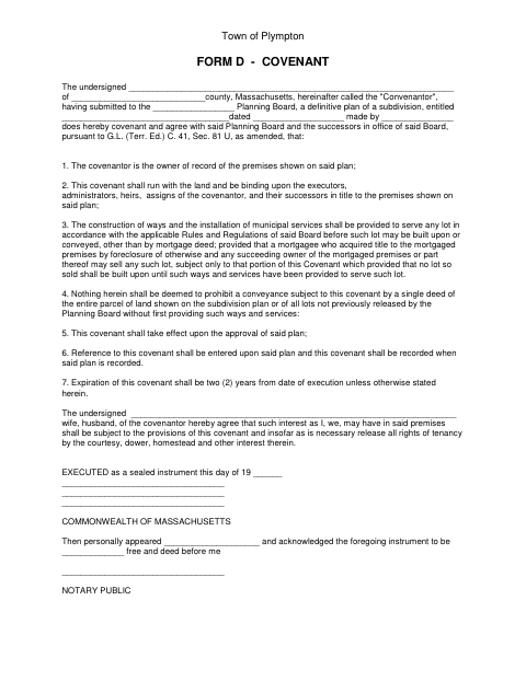 First page of the Form D – Covenant