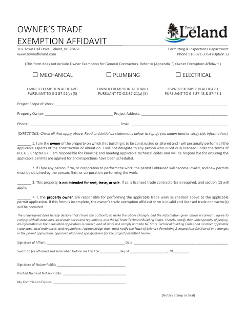 First page of the Owner’s Trade Exemption Affidavit