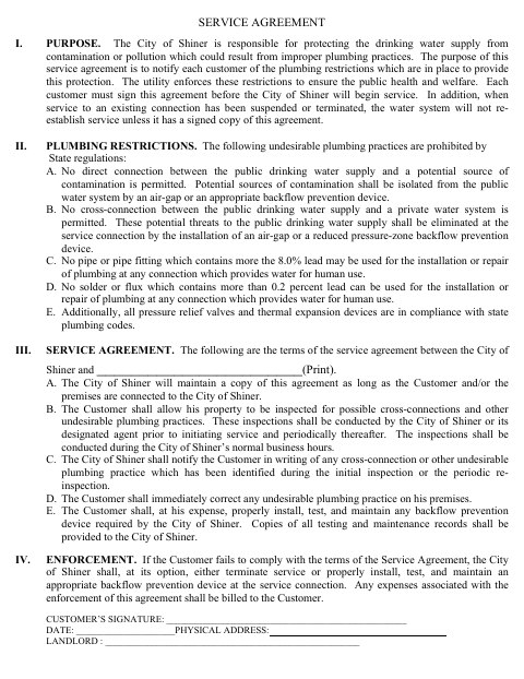 First page of the Service Agreement for Drinking Water Supply