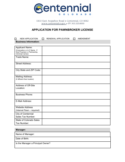 First page of the Pawnbroker License Application
