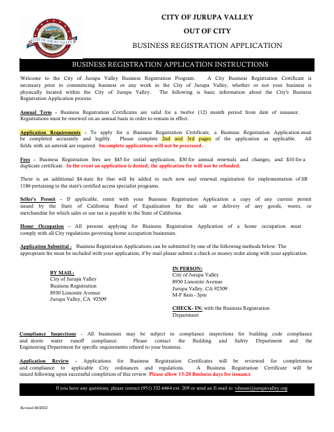 First page of the Out of City Business Registration Application