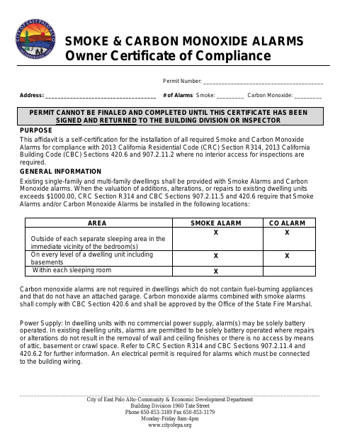 First page of the Smoke & Carbon Monoxide Alarms Owner Certificate of Compliance