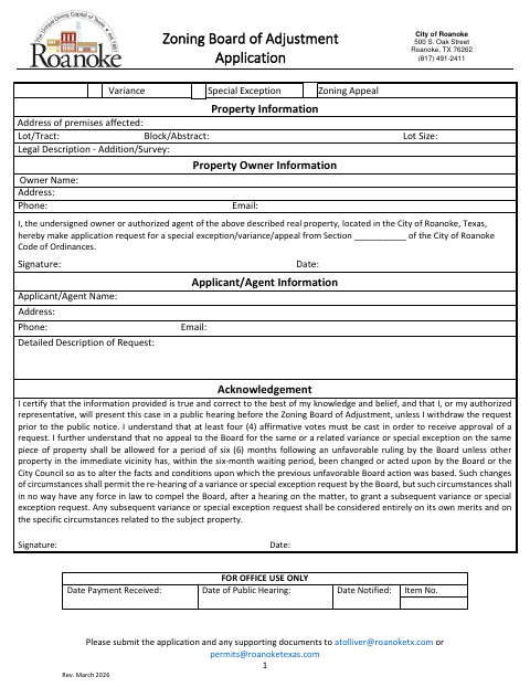 First page of the Zoning Board of Adjustment Application
