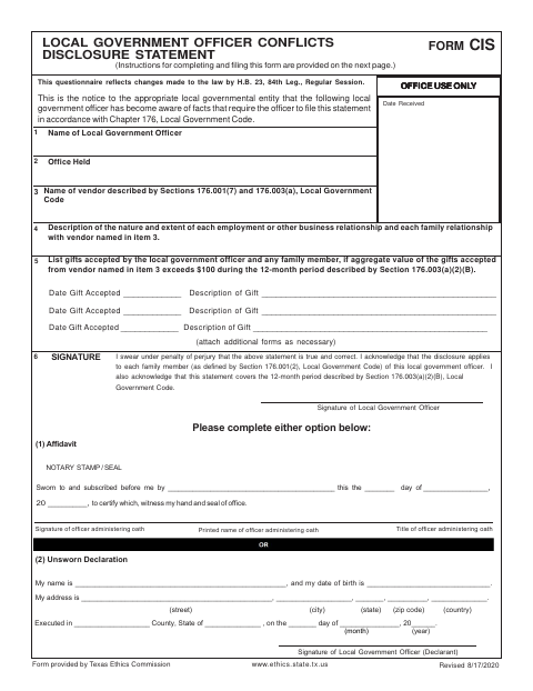 First page of the Local Government Officer Conflicts Disclosure Statement