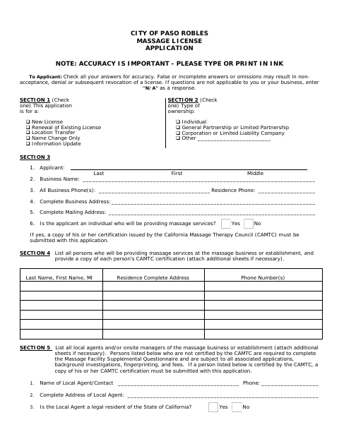 First page of the Massage License Application
