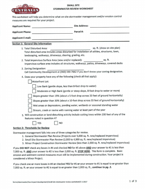 First page of the Single Family and Small Site Stormwater Review Worksheet