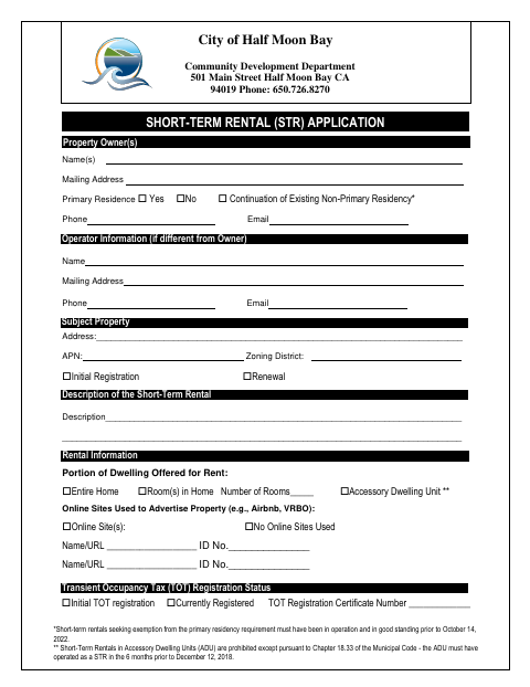 First page of the Short-Term Rental Application and Registration Checklist