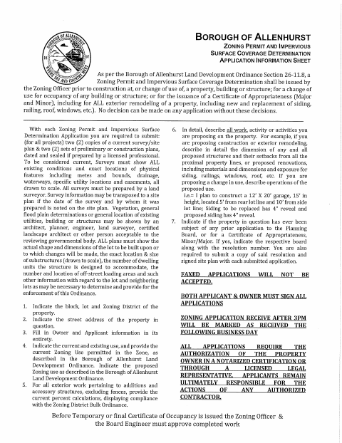 First page of the Zoning Permit and Impervious Surface Coverage Determination Application