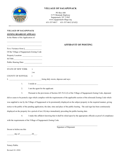 First page of the Zoning Affidavit of Posting