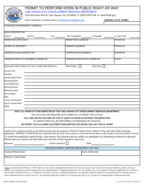 First page of the General Right-of-Way Permit