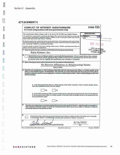 First page of the Vendor Conflict of Interest Questionnaire