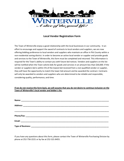 First page of the Local Vendor Registration Form