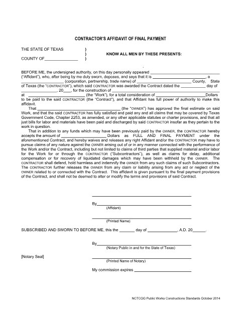 First page of the Contractor's Affidavit of Final Payment